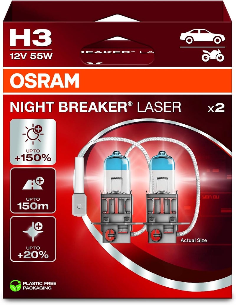 OSRAM لايت بريكر ليزر H3، +150% سطوع أكثر، لمبة هالوجين للسيارة، 64151NL-2HB، 12 فولت، علبة معلقة (2 لمبات) - Image 1